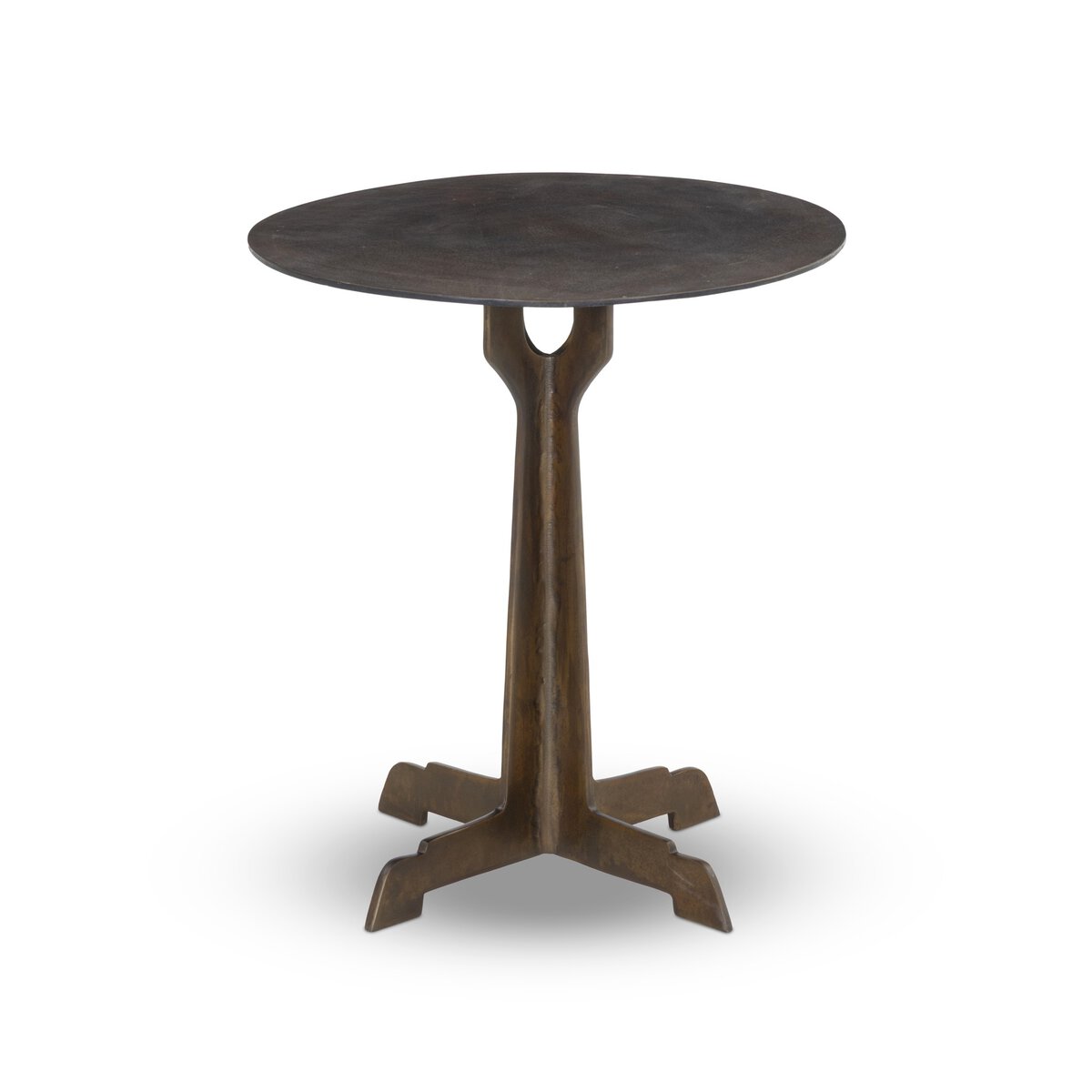 The Copper-Toned Outdoor End Table features a round, dark wood finish and antiqued look with a single central pedestal base splitting into four curved feet, shown against a white background.