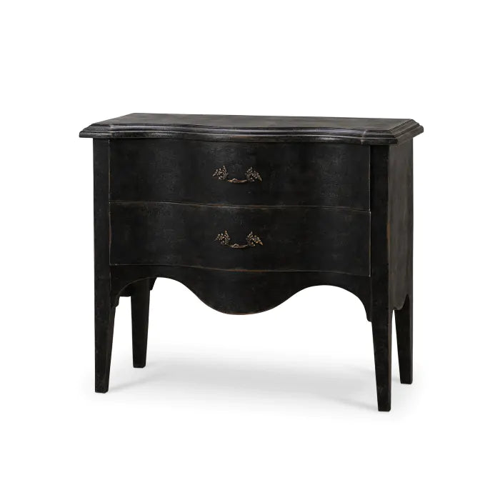 The European Inspired Nightstand features a black wood finish, two drawers, a curved front, ornate brass handles, and four tapered legs. Dimensions: W 36 x D 16 x H 31 in.