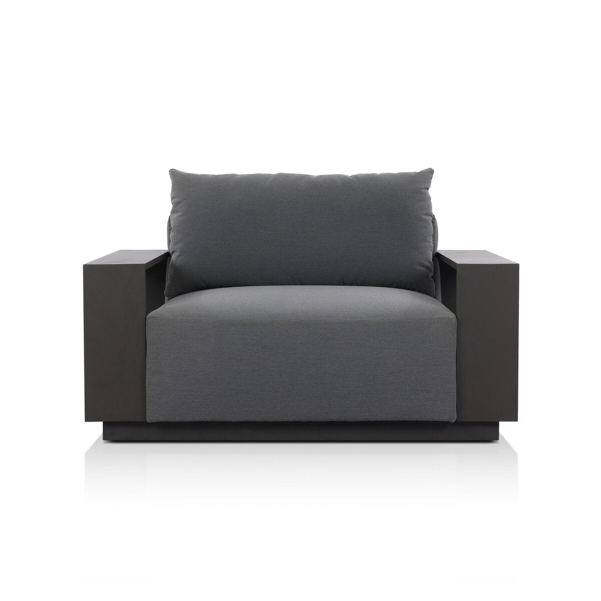 The Heavy Metal Framed Outdoor Chair features a modern design with wide, dark gray cushions and solid, boxy black armrests and base, supported by a durable metal frame and displayed against a plain white background.