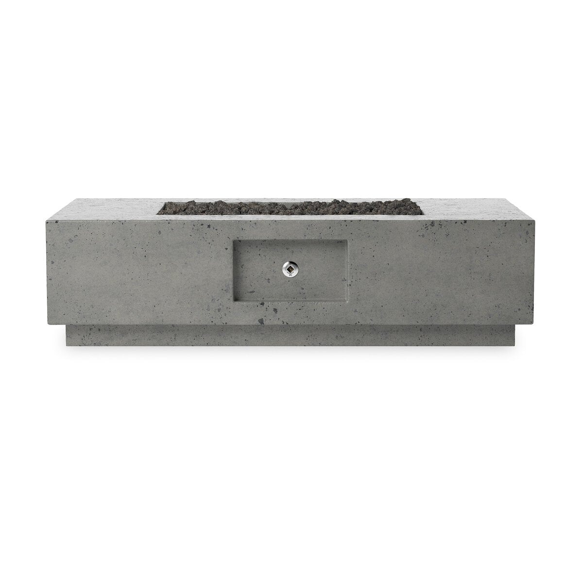 The Outdoor Fire Table, made of glass-reinforced concrete, features a central recessed ignition control panel and a top filled with black lavastones.