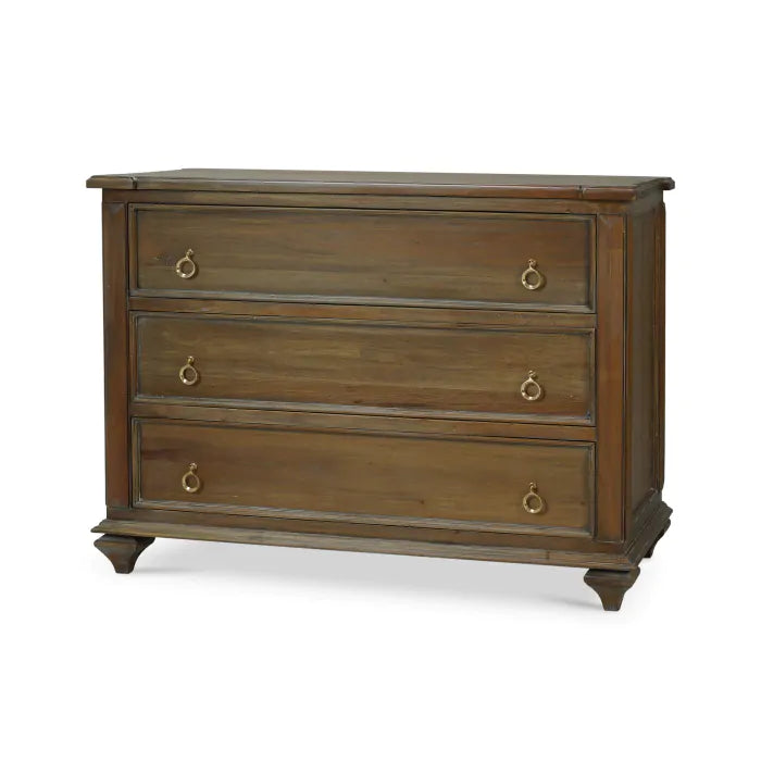 The 3 Drawer Dresser features three drawers with two round brass handles each, a rustic finish, four short tapered legs, and measures 47 x 22 x 35 inches.