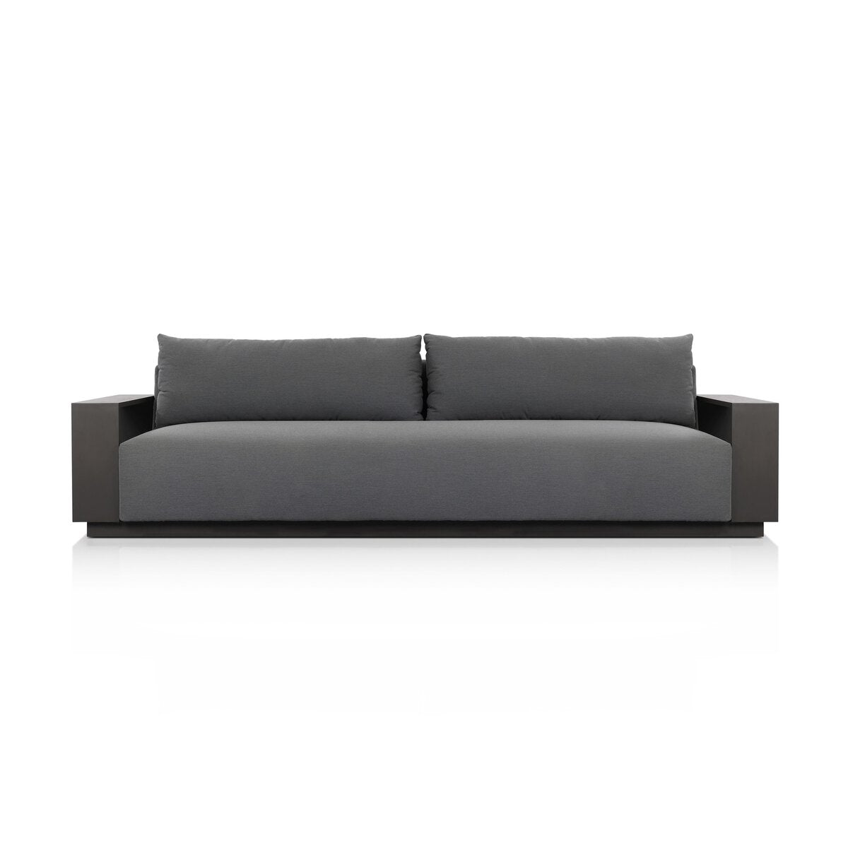 The Heavy Metal Framed Outdoor Sofa is a modern gray sofa with two large back cushions and wide, flat armrests. Set against a plain white background, its heavy metal framing adds durability for outdoor use.