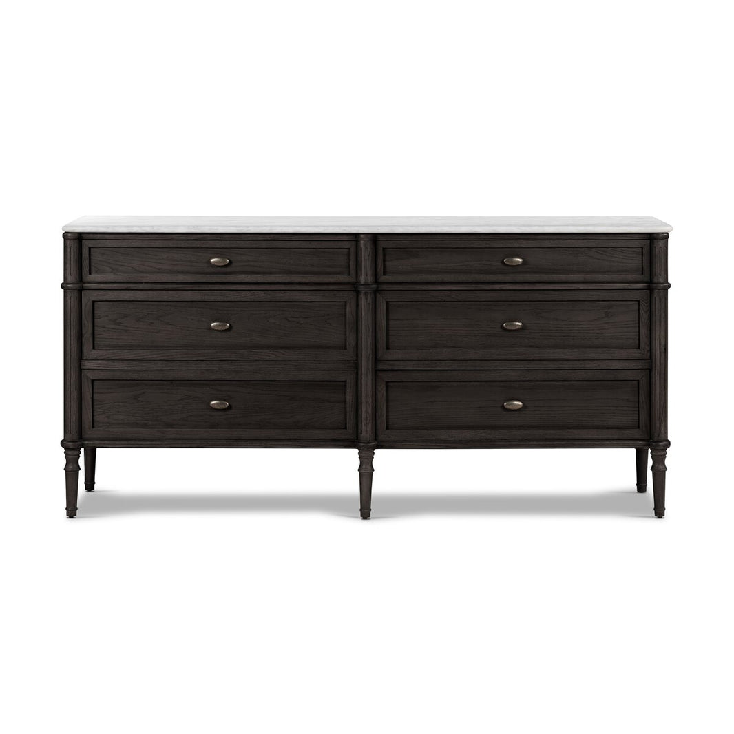 The European 6 Drawer Dresser features a modern solid oak frame, six spacious drawers with round metal knobs, slender legs, and a white marble top, blending classic elegance and timeless style.