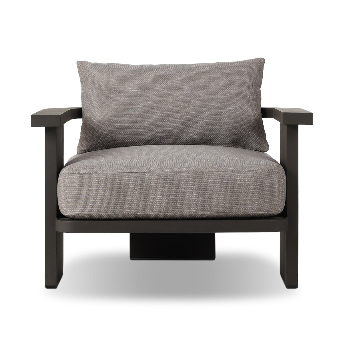 The Three Legged Outdoor Chair features wide, flat black arms and legs, thick light gray high-performance fabric cushions for the seat and back, all shown against a white background.