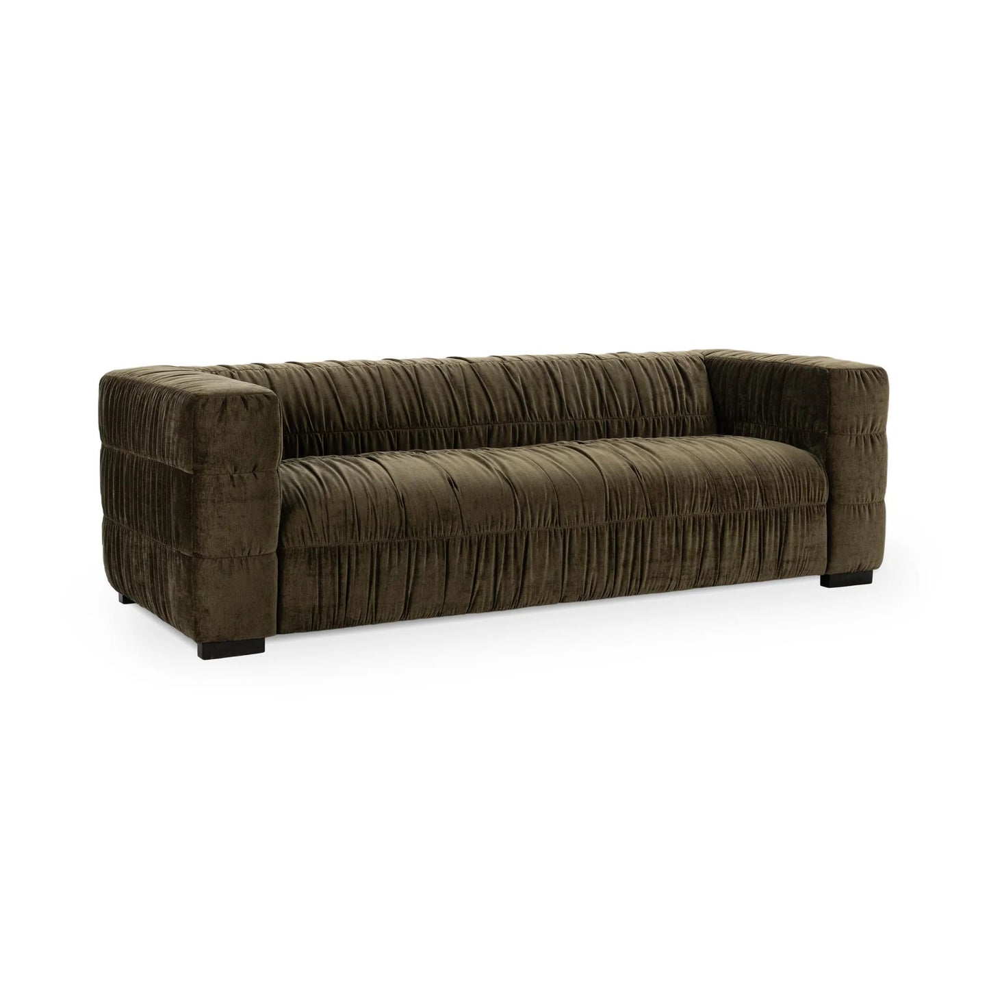 The Ruched Upholstered Sofa in dark olive green features luxury ruched fabric, a low back and arms, a bold squared design, and short black legs for a modern look.