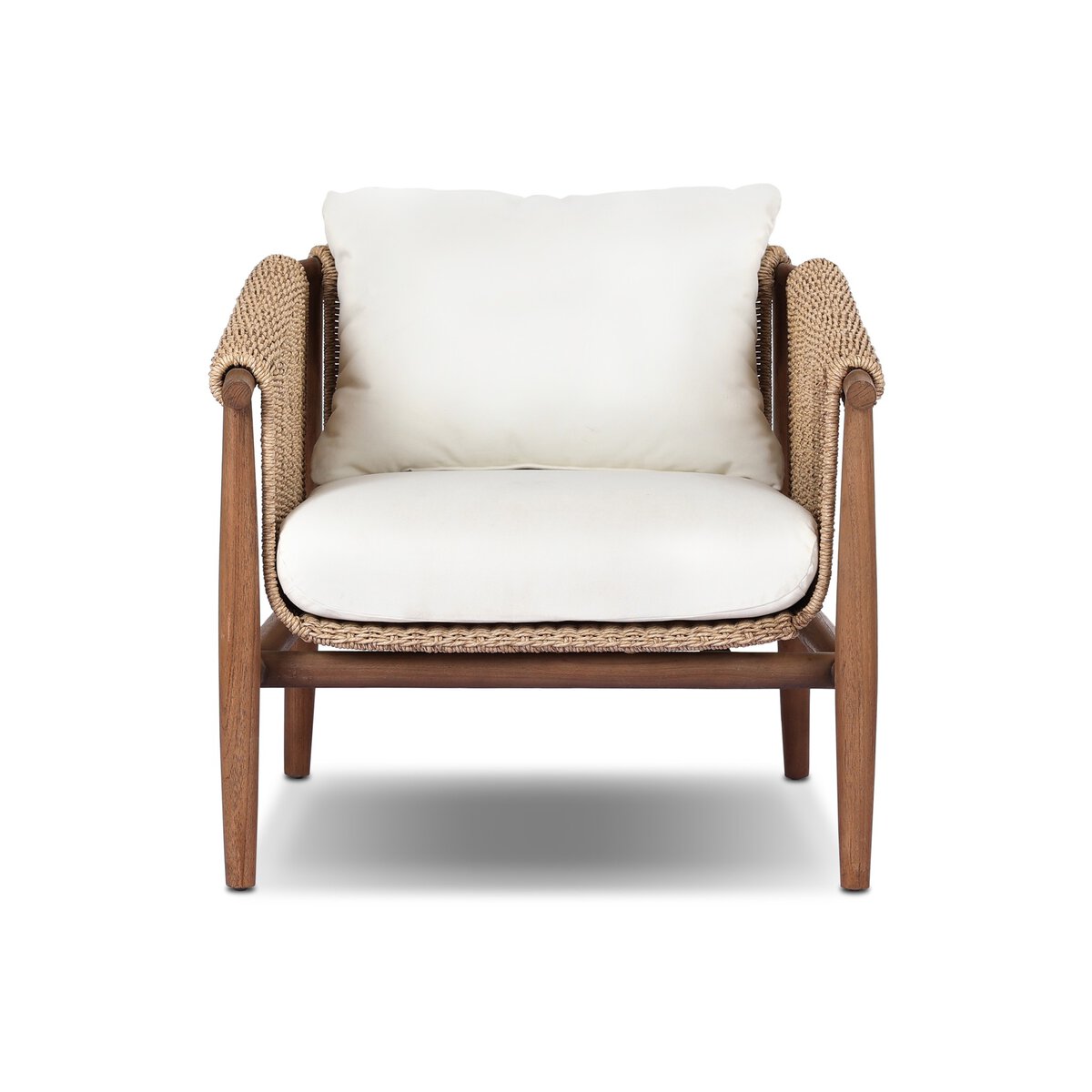 Front view of the Woven Outdoor Chair featuring a wooden frame, woven faux hyacinth sides and back, and white seat and back cushions, set against a white background.