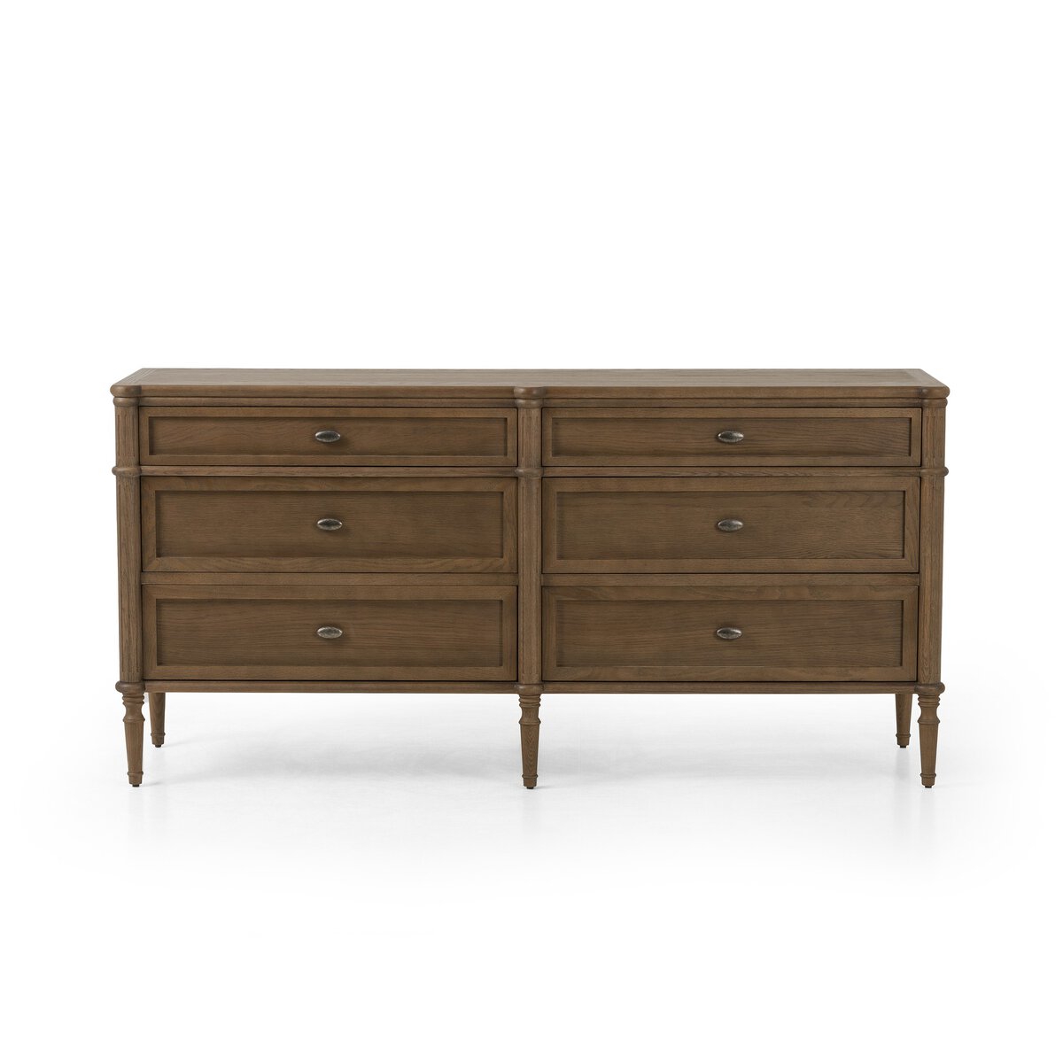 The European 6 Drawer Dresser features a classic design with round metal knobs, four slender turned legs, and a medium brown finish for vintage charm.