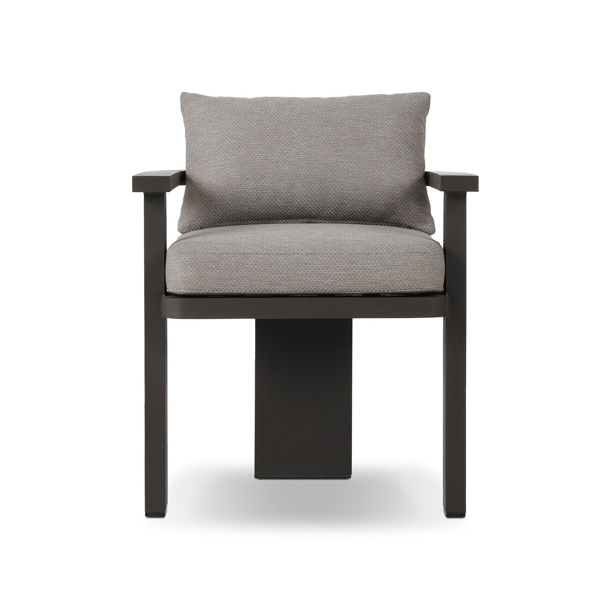 The Three Legged Outdoor Dining Chair features a straight black wooden frame with a light gray cushioned seat and backrest in high-performance fabric, shown from the front against a white background.