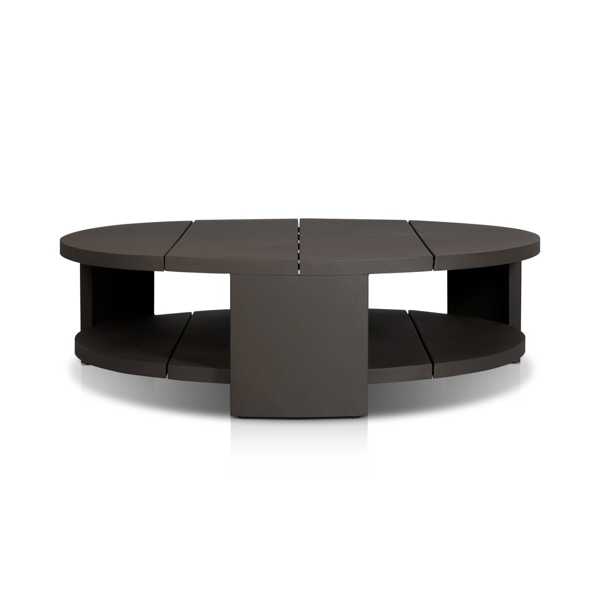 The Bronze Finished Aluminum Round Coffee Table features a modern, sculptural design with a dark finish, an open lower shelf, central square support, and segmented top and bottom surfaces for a striking look.