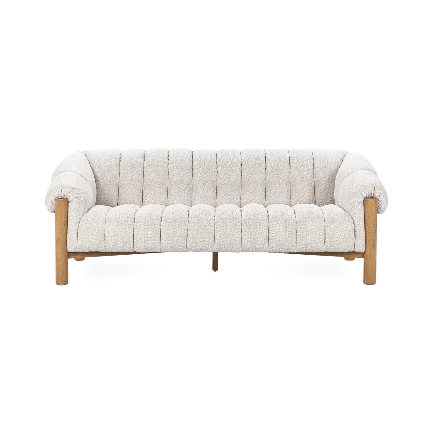 The Plush Upholstered Sofa features a modern, tufted design in light beige with rounded armrests, brushed oak wood legs, and plush, textured polyester fabric for contemporary style.