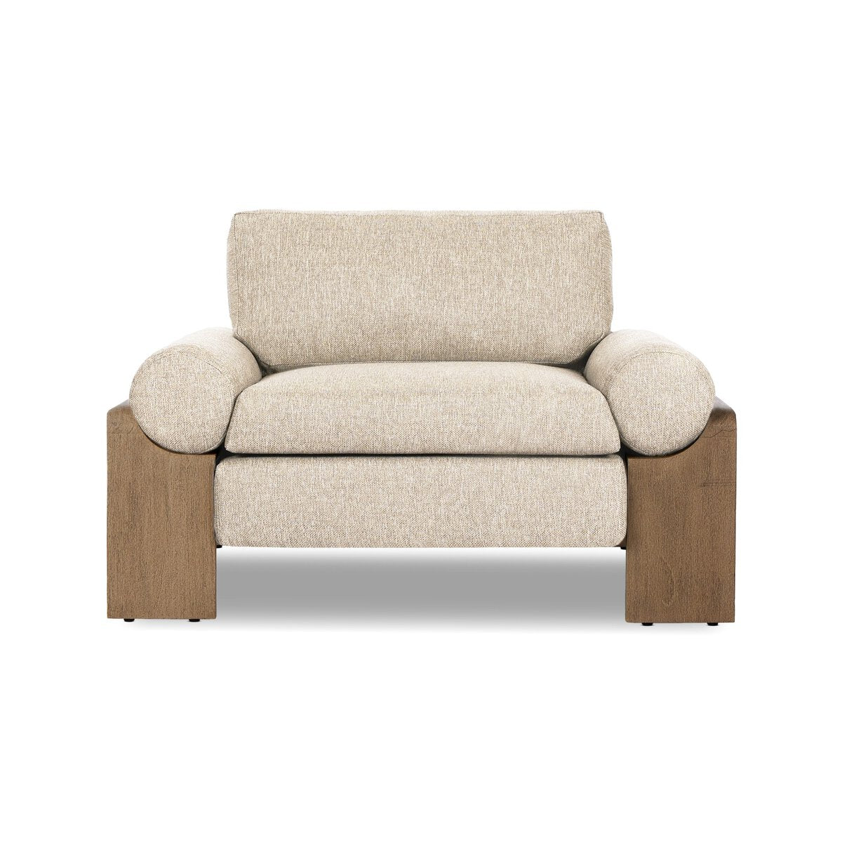 The Joette Outdoor Chair features light beige fabric upholstery, a wide padded seat and arms, and sturdy wooden legs—its versatile size and stylish design make it perfect for any space.