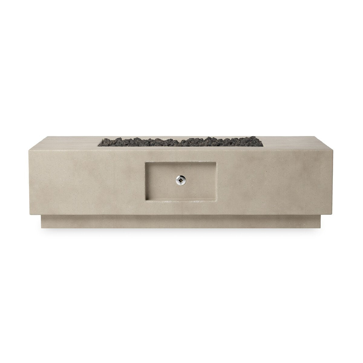 The Kenton Outdoor Fire Table is a rectangular, light gray concrete fire pit featuring a recessed burner with dark rocks. Its 60-inch size and clean lines offer a modern, minimalist look that complements your favorite sofa.