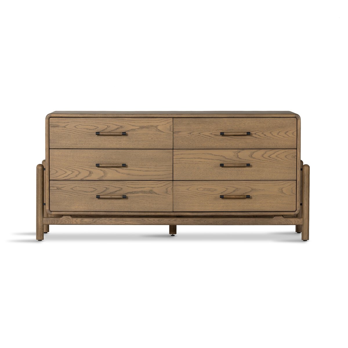 The Cradle 6 Dresser Drawer is a modern smoked oak dresser with six drawers, simple black metal handles, rounded corners, a sturdy base, and a light brown finish—perfect for ample bedroom storage.