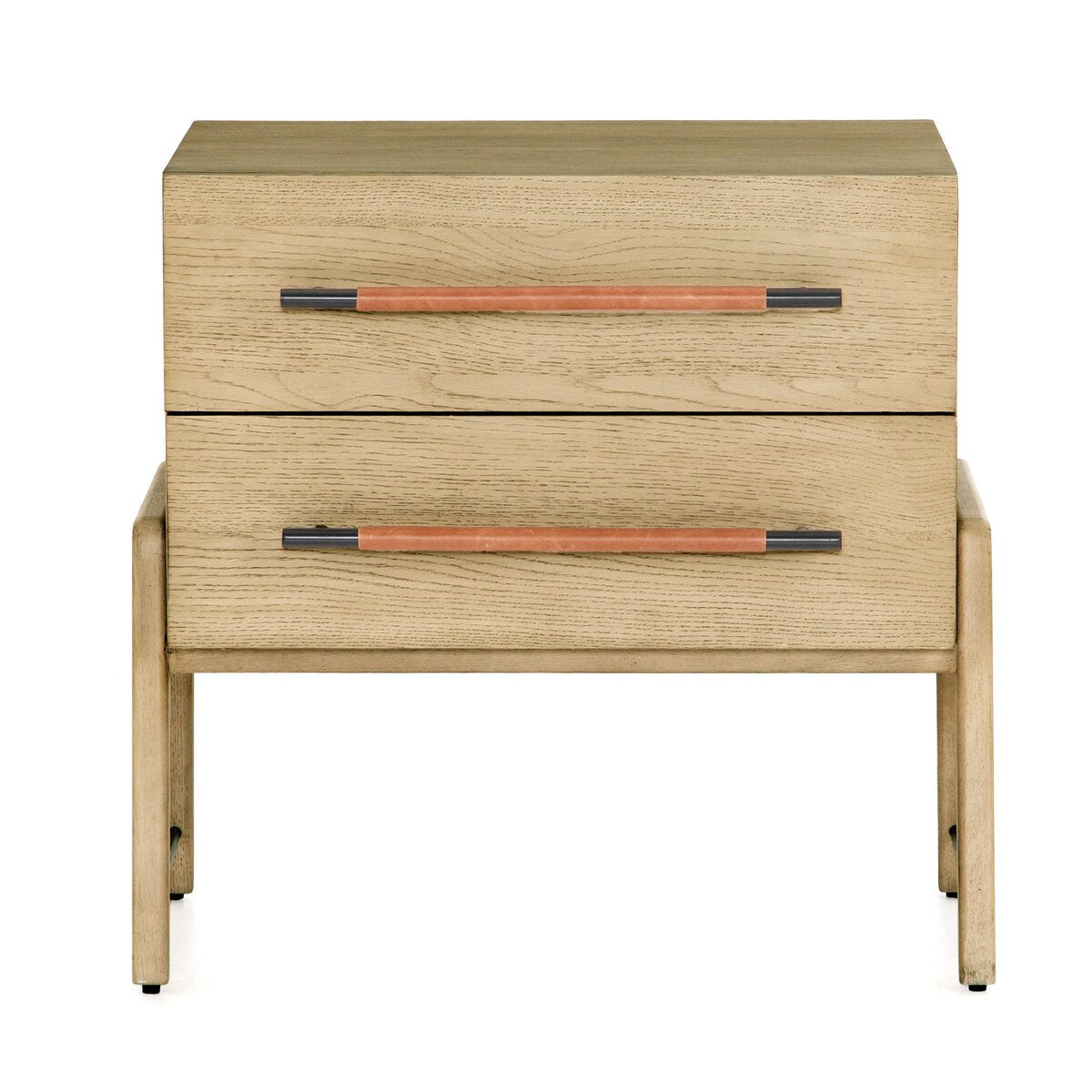 The Oak Nightstand features two drawers with long wood and black metal handles. Its light natural finish and straight lines give this modern bedside table a sleek, contemporary look.