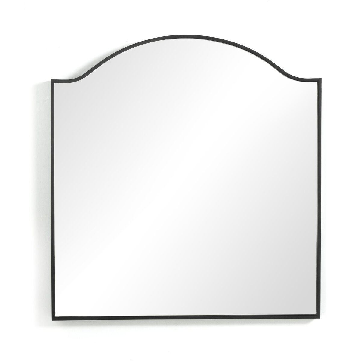 The Jacques Mirror is a large rectangular wall mirror with a rounded arched top and a black metal frame, shown mounted against a plain white background.