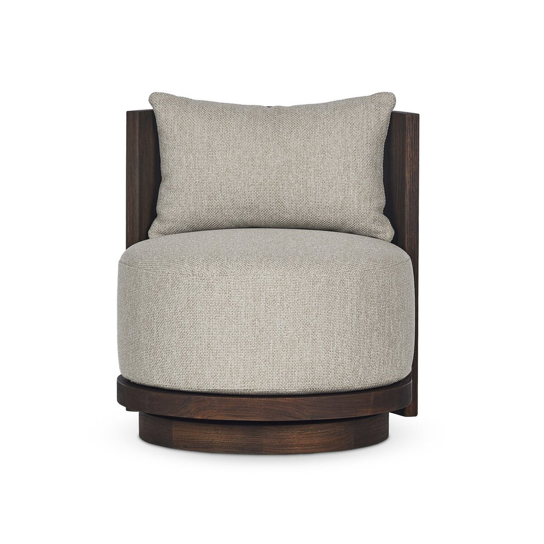 The Outdoor Swivel Chair features a round, cushioned beige seat and backrest in Italian upholstery, set in a dark wooden frame with a circular base, viewed from the front against a white background.