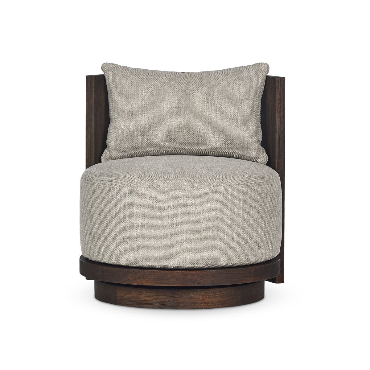 The Outdoor Swivel Chair features a round, cushioned beige seat and backrest in Italian upholstery, set in a dark wooden frame with a circular base, viewed from the front against a white background.