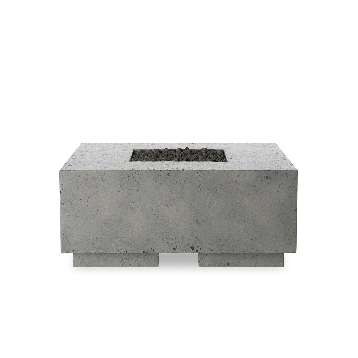 The Square Outdoor Fire Table is a rectangular, gray glass-reinforced concrete piece with a central square opening filled with dark stones, displayed against a plain white background.