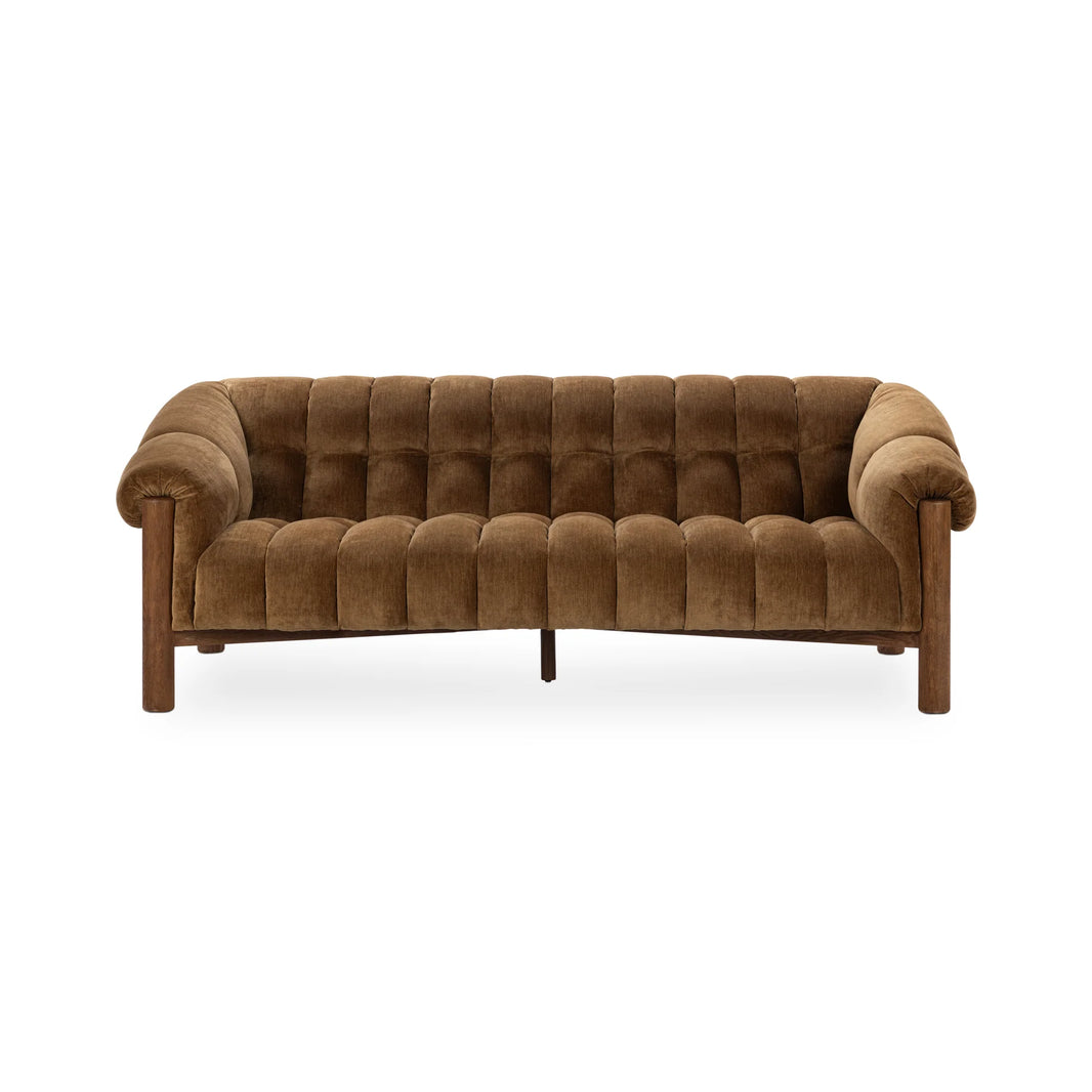 The Plush Upholstered Sofa features brown velvet polyester fabric, tufted cushions, rounded arms, and brushed oak wood legs, displayed against a plain white background.