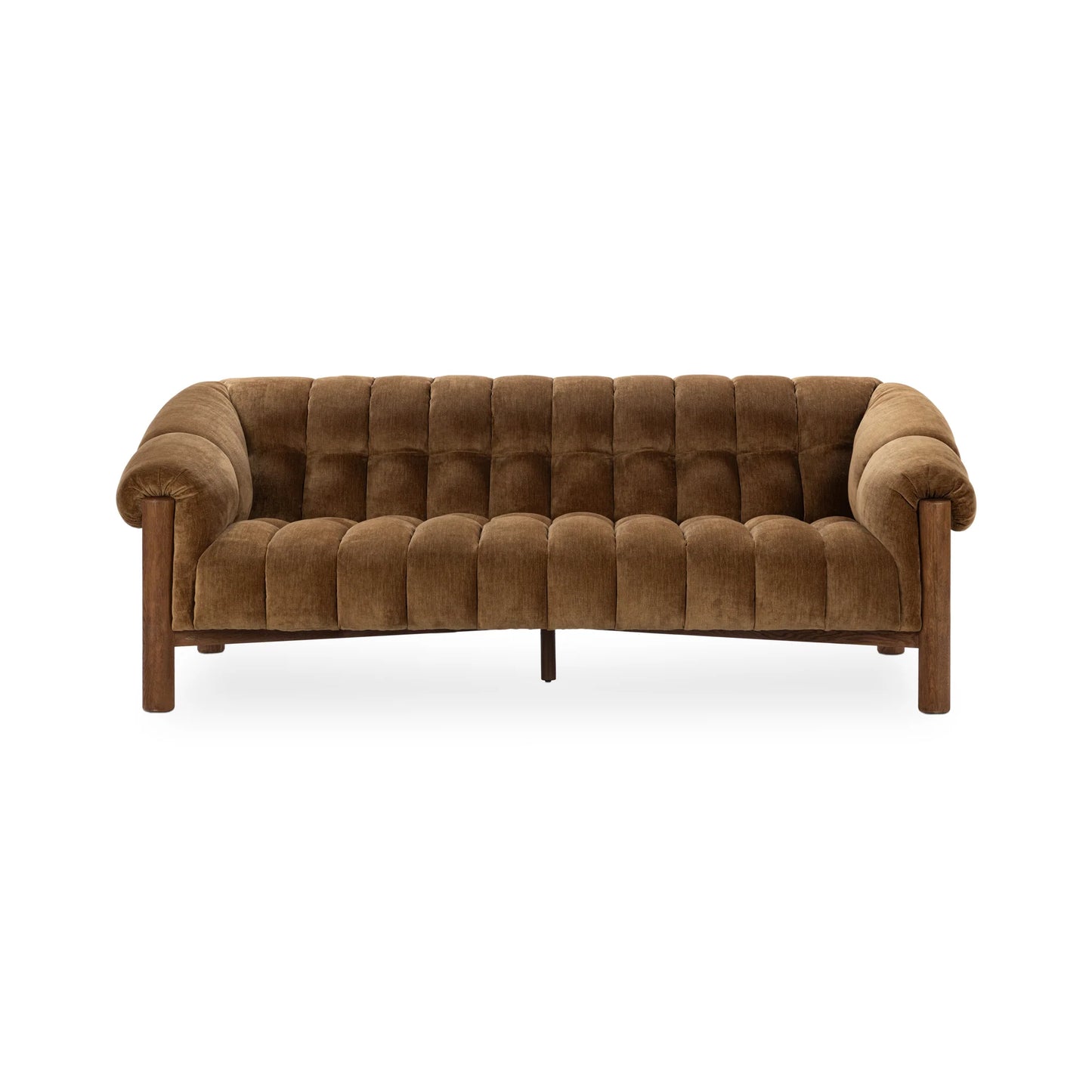The Plush Upholstered Sofa features brown velvet polyester fabric, tufted cushions, rounded arms, and brushed oak wood legs, displayed against a plain white background.