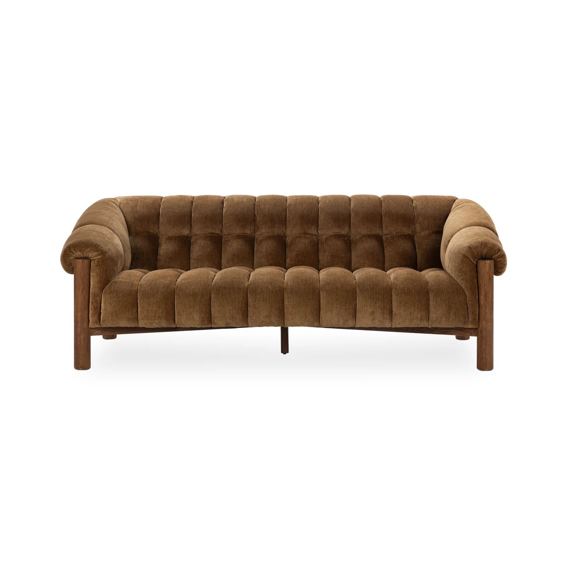 The Plush Upholstered Sofa features brown velvet polyester fabric, tufted cushions, rounded arms, and brushed oak wood legs, displayed against a plain white background.