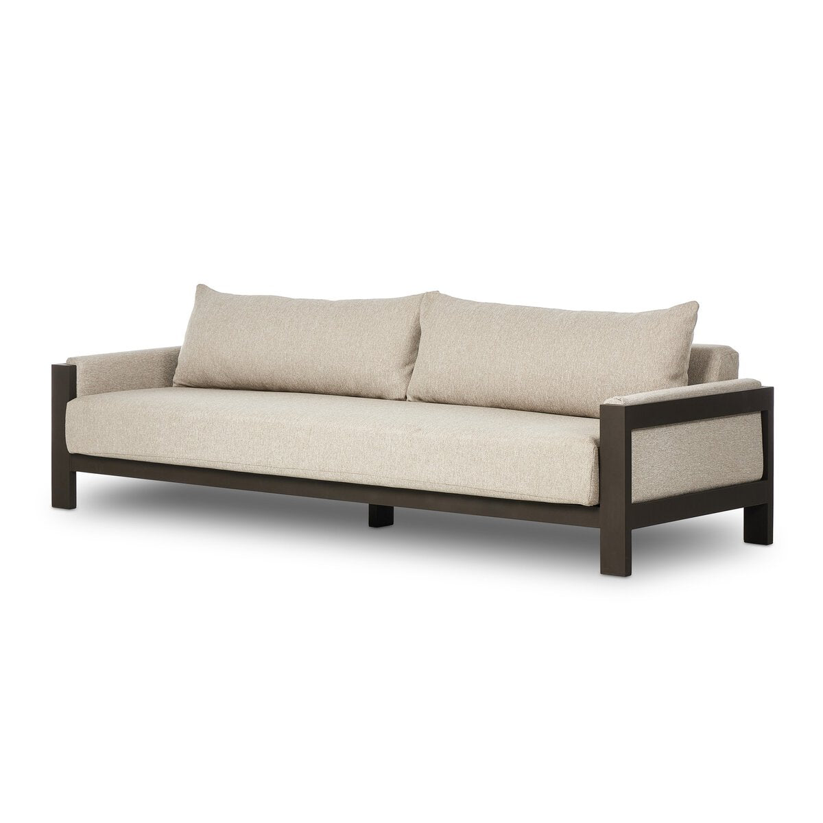 The Outdoor Metal Sofa features a modern beige design with two large back cushions and a sturdy dark frame, complemented by wide armrests and legs for a minimalist outdoor look.