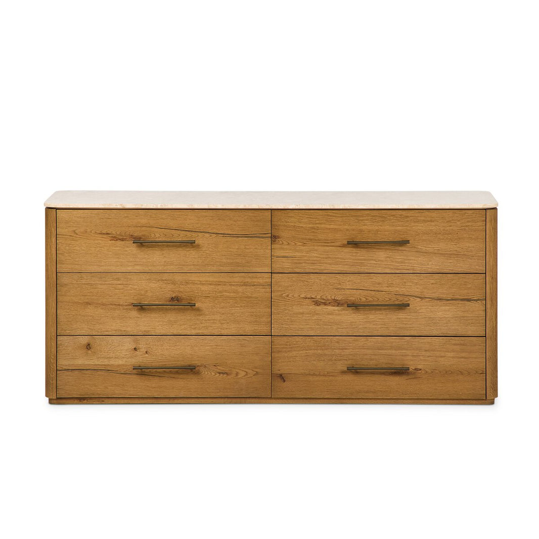 The Marble Top 6 Drawer Dresser features a light brown finish, horizontal metal handles, and ample storage. Its flat marble top surface is ideal for display or organization, making it both stylish and practical for your space.