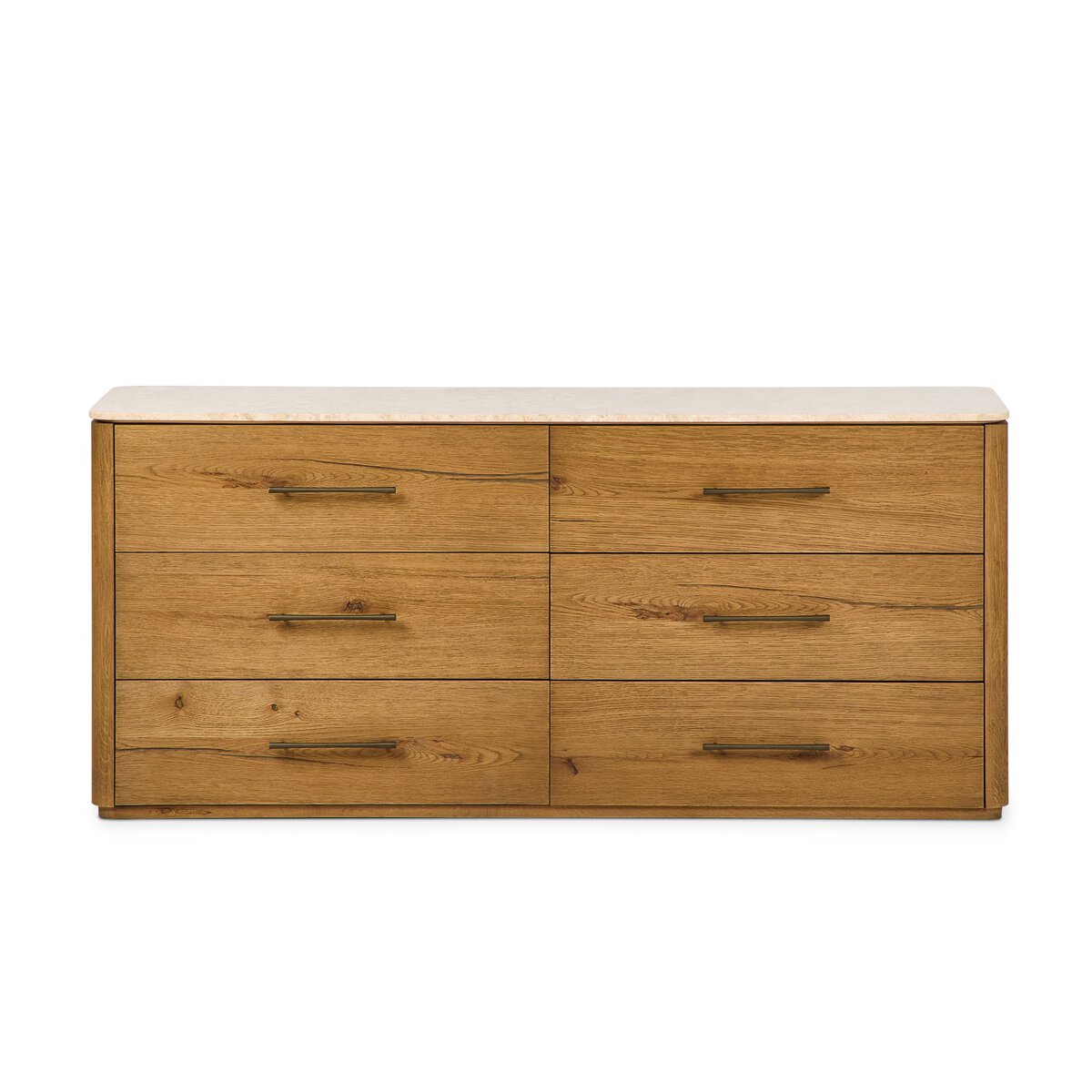 The Marble Top 6 Drawer Dresser features a light brown finish, horizontal metal handles, and ample storage. Its flat marble top surface is ideal for display or organization, making it both stylish and practical for your space.