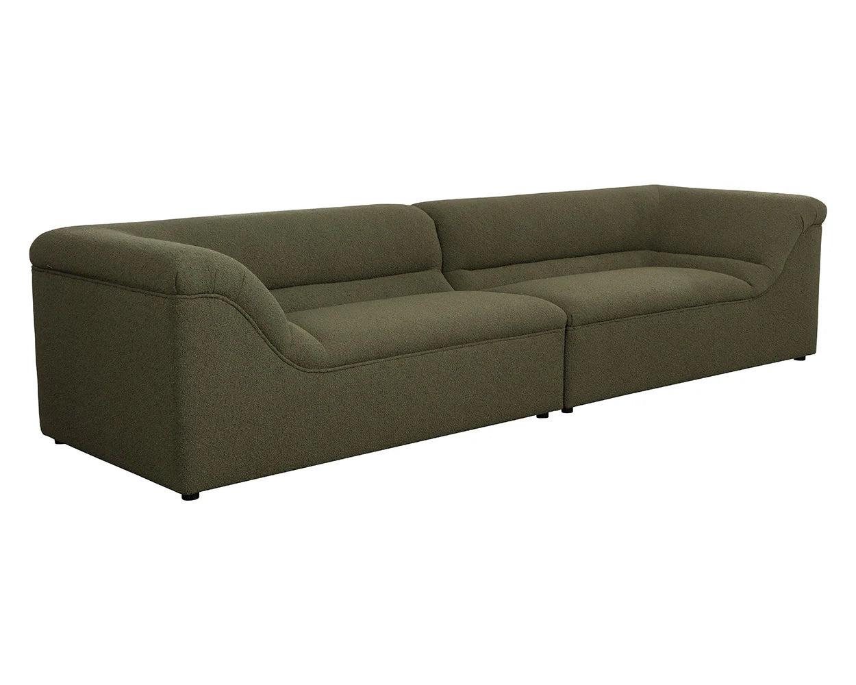 The Curved Upholstered Sofa features a modern olive green design with a sleek wooden frame, soft rounded edges, and low backrests, displayed against a white background.