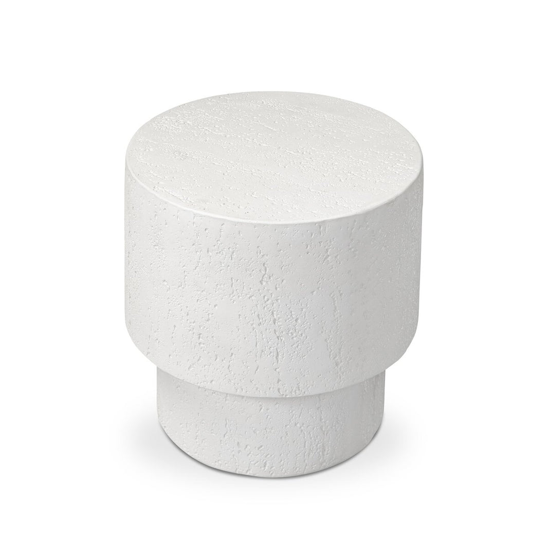 The Kesia Outdoor End Table features a modern round white textured design with a thick cylindrical base and wider flat top. At 18 inches, it serves as the perfect accent piece, shown here on a plain white background.