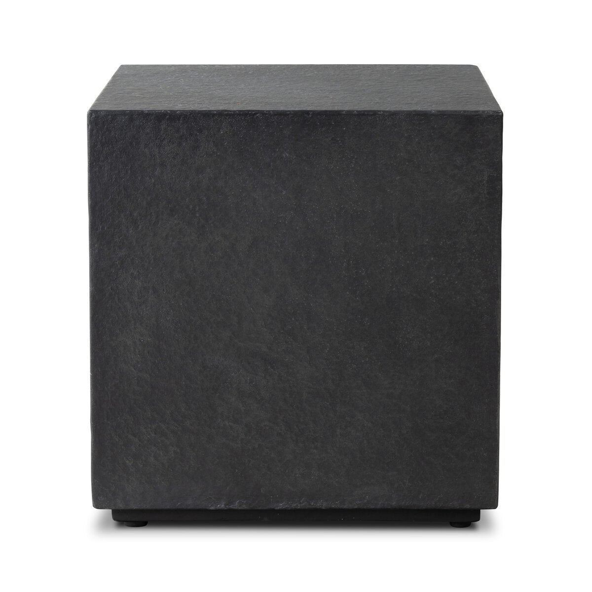 The Distressed End Table is a black, cube-shaped piece with a graphite concrete finish, photographed on a white background. Versatile for indoor or outdoor use.