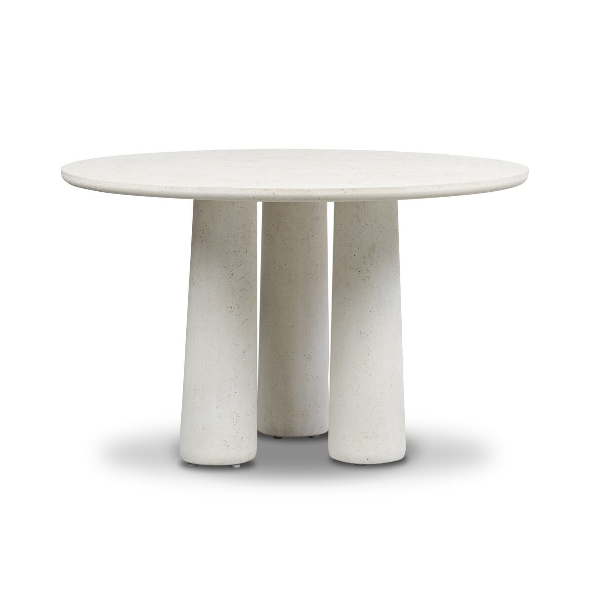 The Concrete Pedestal Dining Table features a smooth, round top and three pedestal legs, all crafted from light cast concrete for a minimalist, contemporary outdoor look.