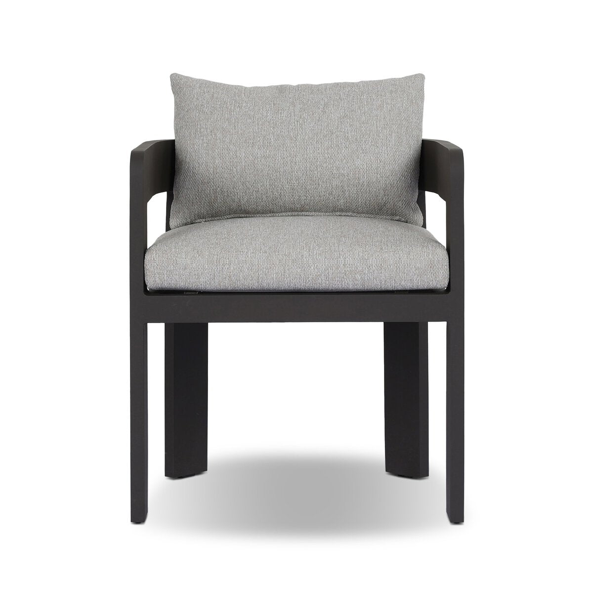 The Outdoor Metal Dining Chair features a sleek black frame, open sides, and light gray cushioned seat and backrest, displayed against a white background.