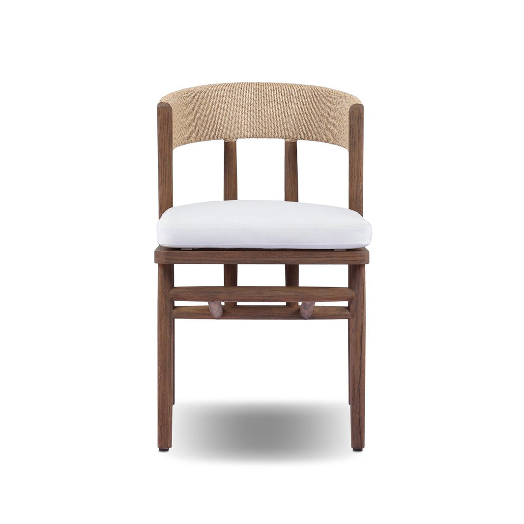 Front view of the Traditional Outdoor Dining Chair, made from FSC-certified teak with a woven backrest, vertical supports, and a white cushioned seat, shown against a plain white background—ideal for stylish outdoor settings.