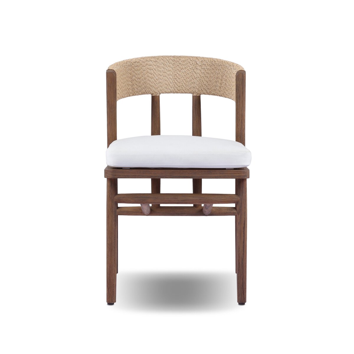 The Buxton Outdoor Dining Chair features a wooden frame, woven backrest, and cushioned white seat, displayed from the front against a plain white background.