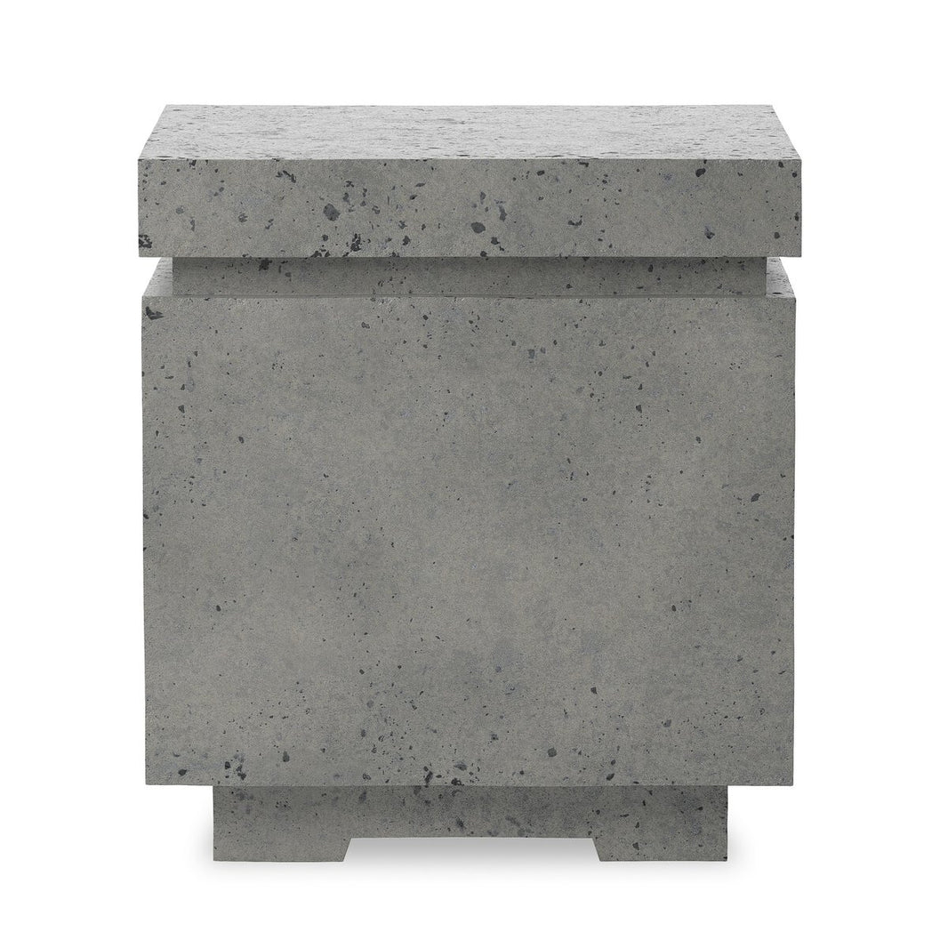 A modern, gray Outdoor Square Propane Enclosure with a speckled finish and layered, cube design featuring clean lines and a solid geometric look.