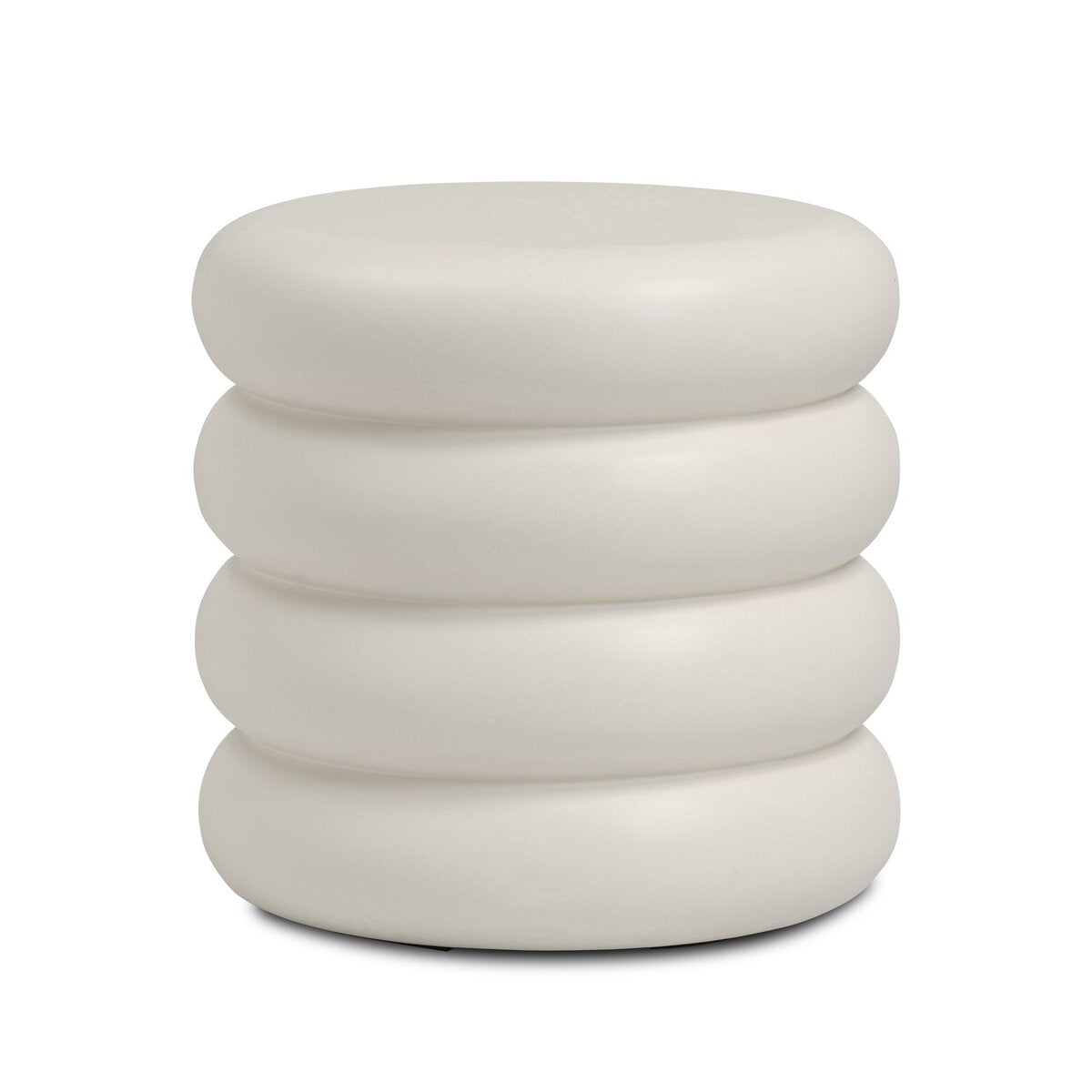 The West End Table features a modern, round design with four cushioned layers in white. Versatile as a small accent table, its smooth surface and minimalist style stand out against a plain white background.