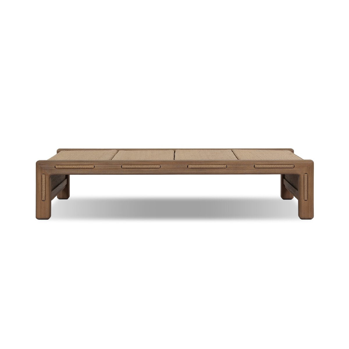 The Herrick Outdoor Coffee Table is a low, rectangular wooden piece with rounded edges, a minimalist design, slatted top, and sturdy short legs. Dimensions: 70.00"w x 35.00"d x 15.00"h; pictured on a plain white background.