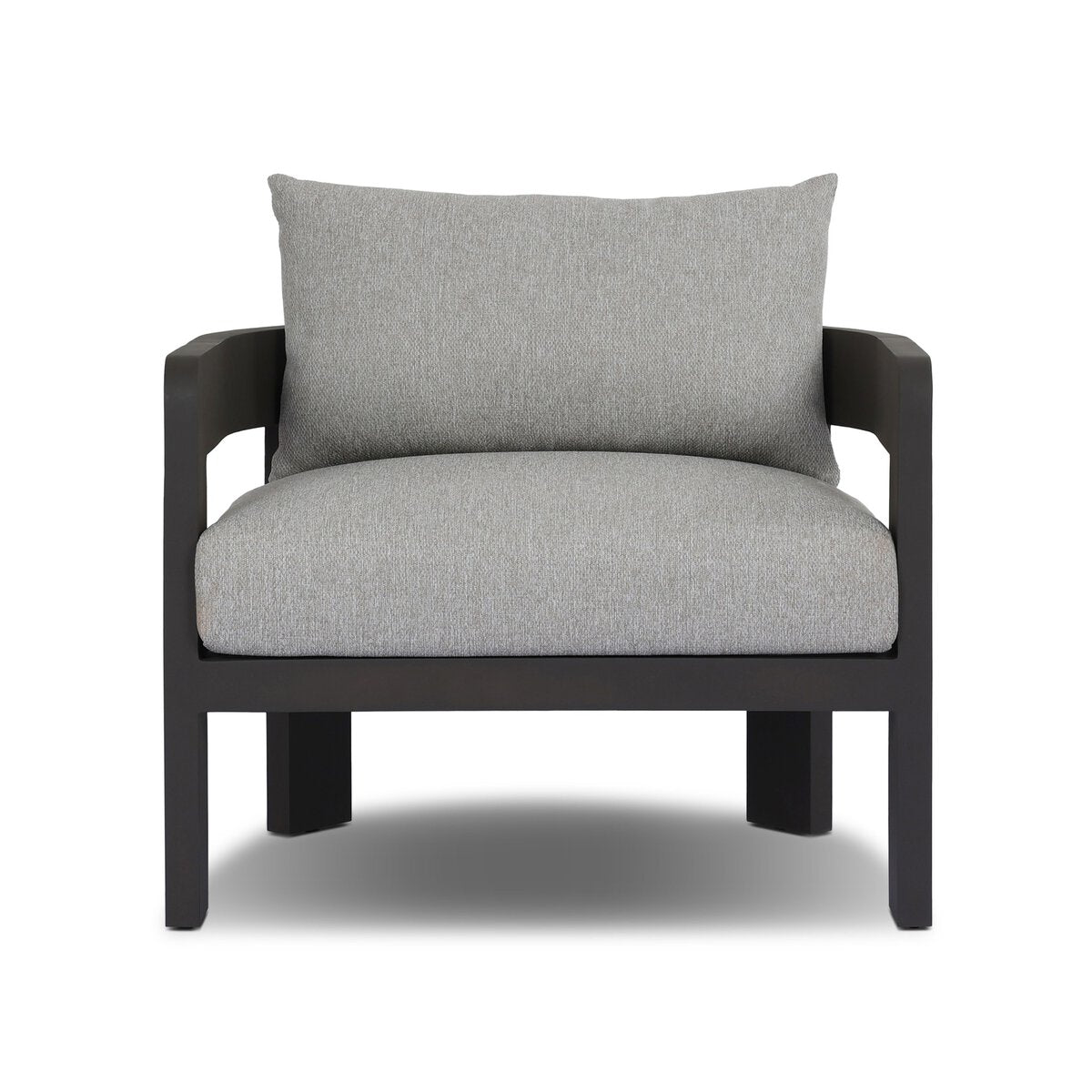 The Outdoor Metal Chair features a modern barrel back design with a black metal frame and light gray upholstery on the seat and backrest, displayed against a white background.
