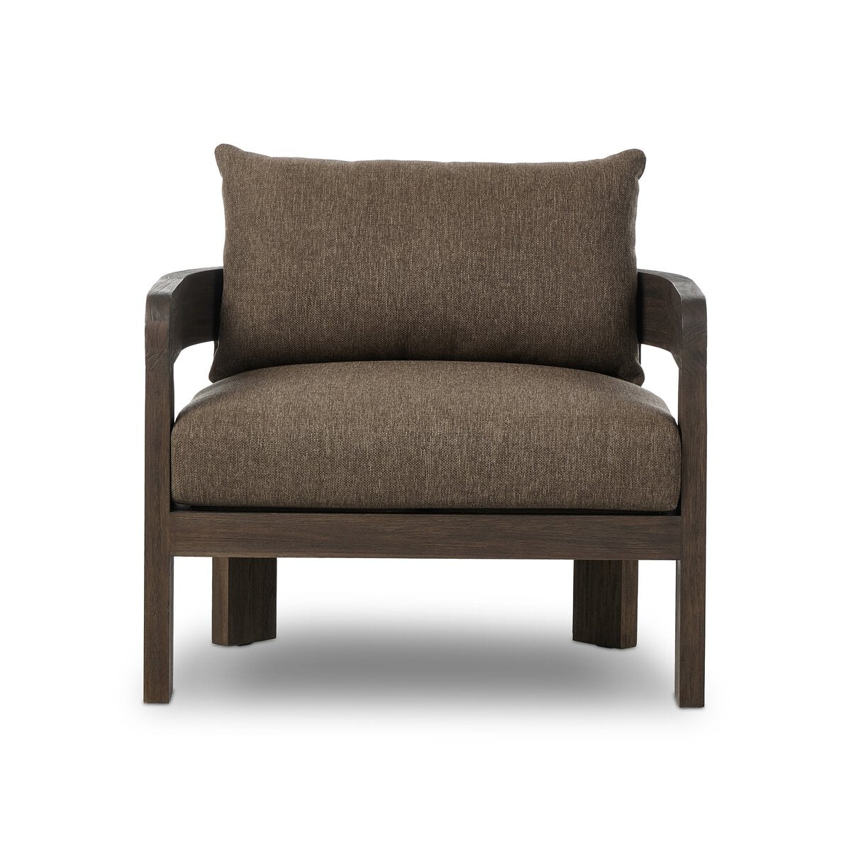 The Barrel Back Outdoor Chair features a modern design with dark teak framing and brown upholstered seat and back cushions, displayed from the front on a white background.