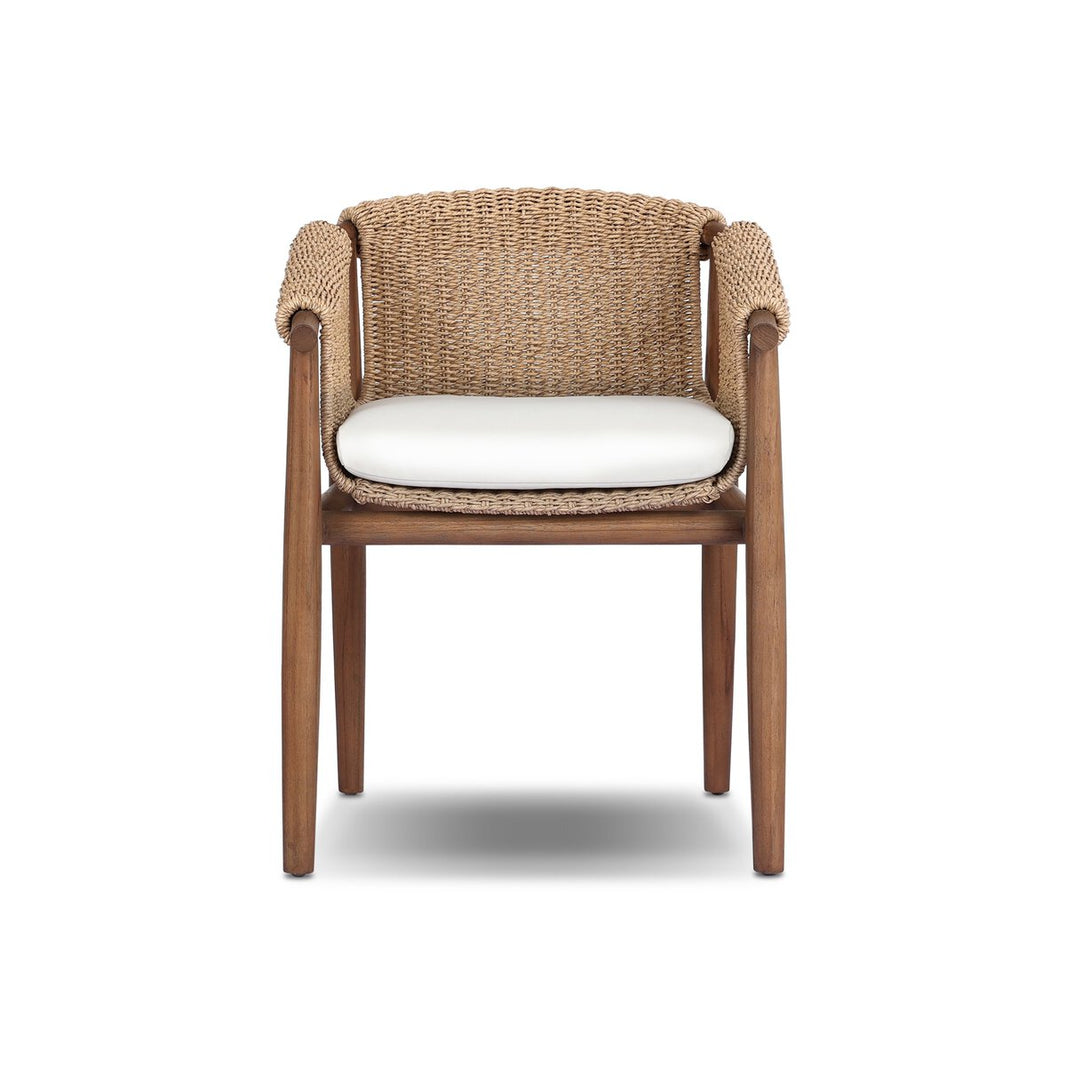 Front view of the Woven Outdoor Dining Chair, featuring vintage-inspired design with woven faux hyacinth details, wooden legs and armrests, a curved backrest, and a white cushioned seat on a plain white background.