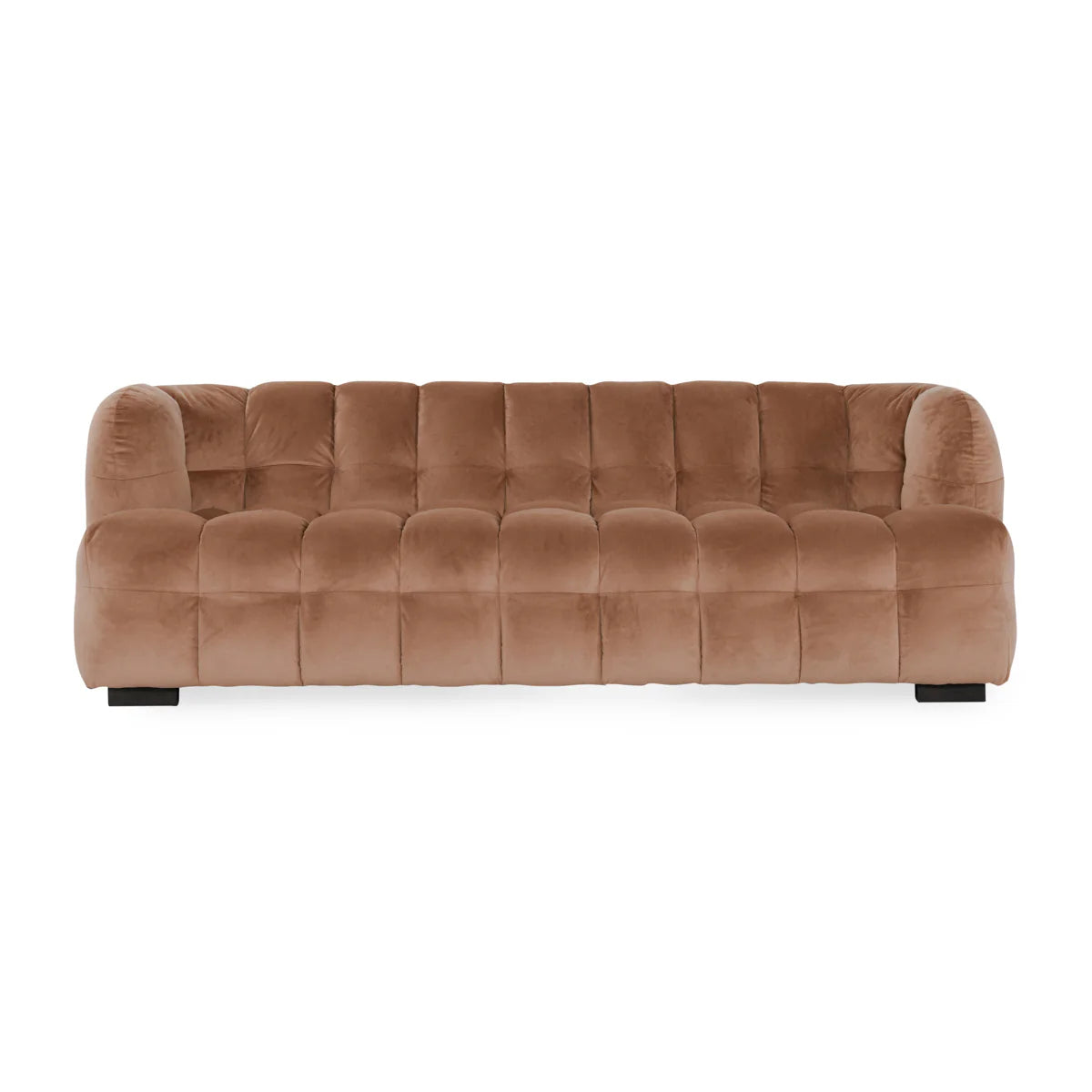The Velvet Sofa features plush light brown polyester upholstery, biscuit tufting, rounded arms and backrest, and sturdy black block legs for a modern look.