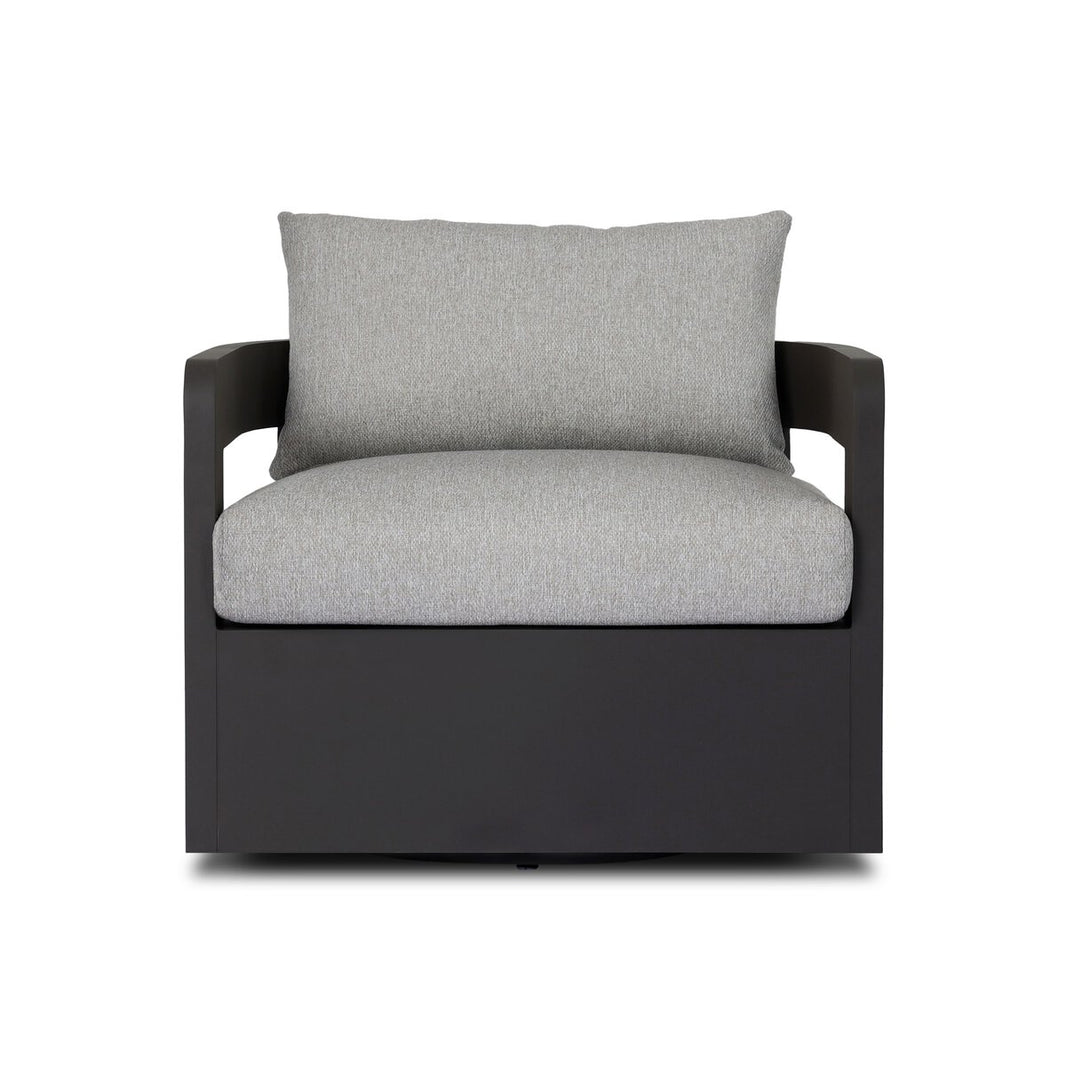 The Outdoor Metal Swivel Chair features a modern dark metal frame with light gray upholstery on the seat and backrest, shown from the front against a white background.