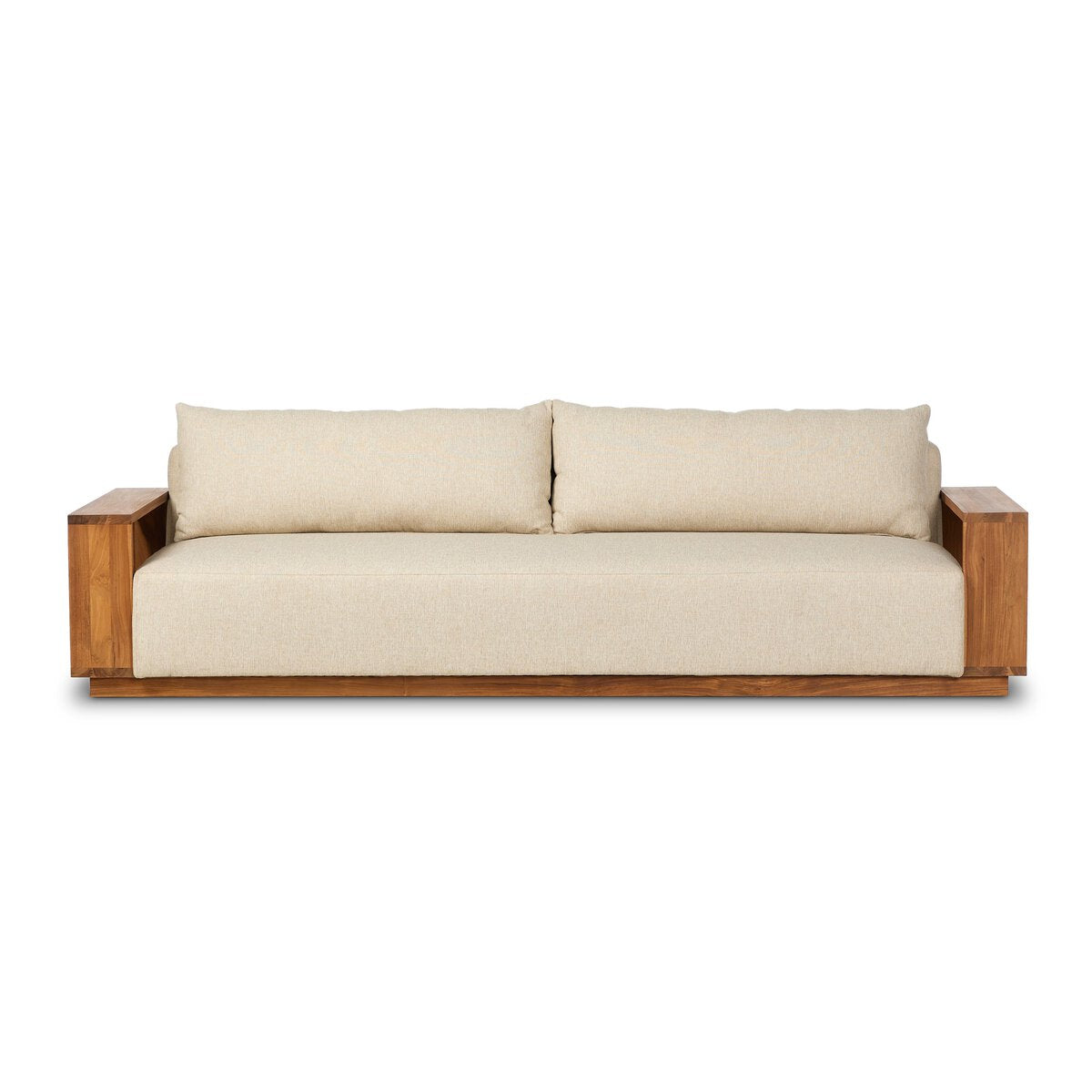 The Heavy Teak Framed Upholstered Outdoor Sofa features a modern beige design with wooden armrests and two large back cushions, all set against a plain white background.