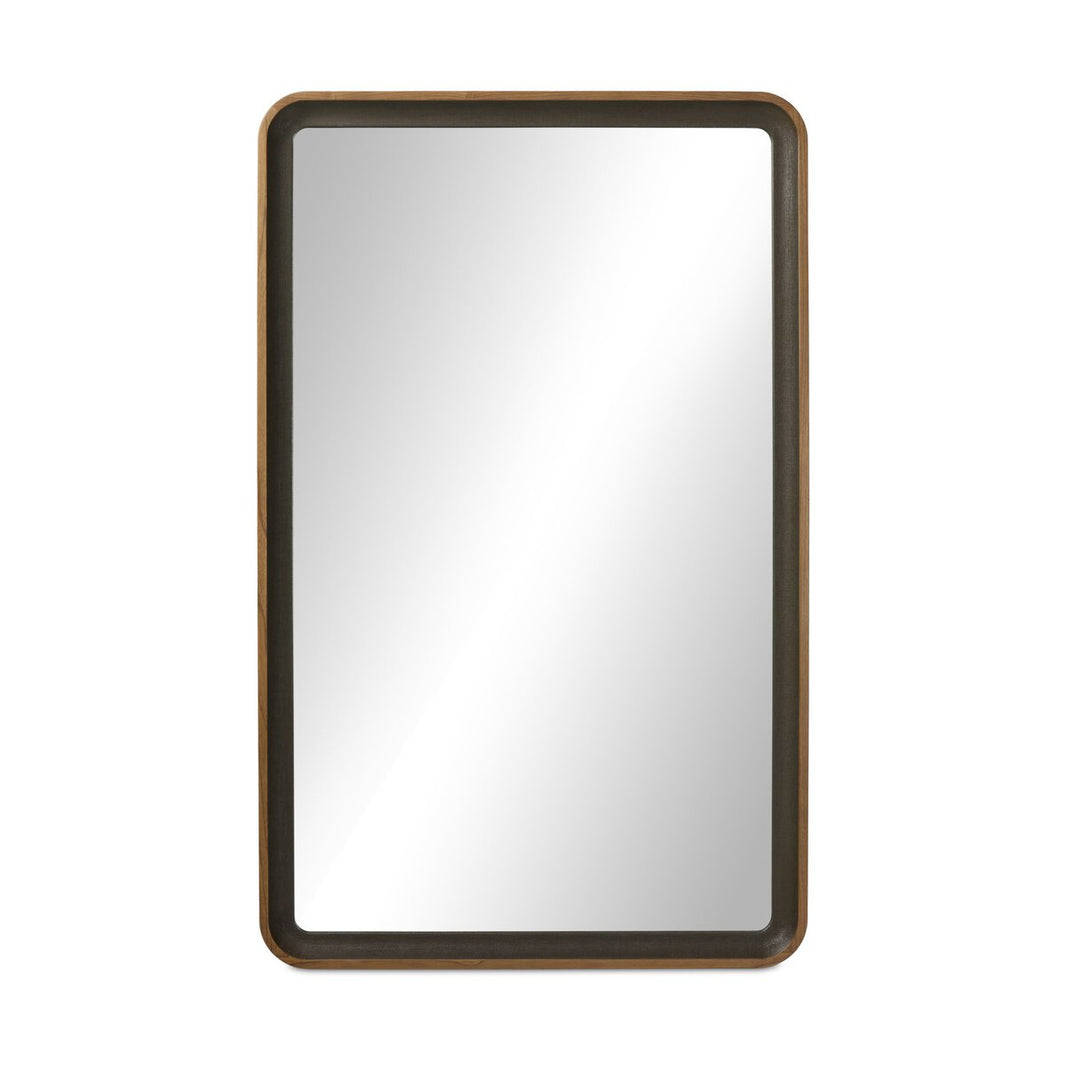 The Arno Grand Floor Mirror features a rectangular design with rounded corners and a dark wooden frame, reflecting a blank white background. Sized at 50"w x 3.5"d x 80"h, it’s ideal for large spaces.