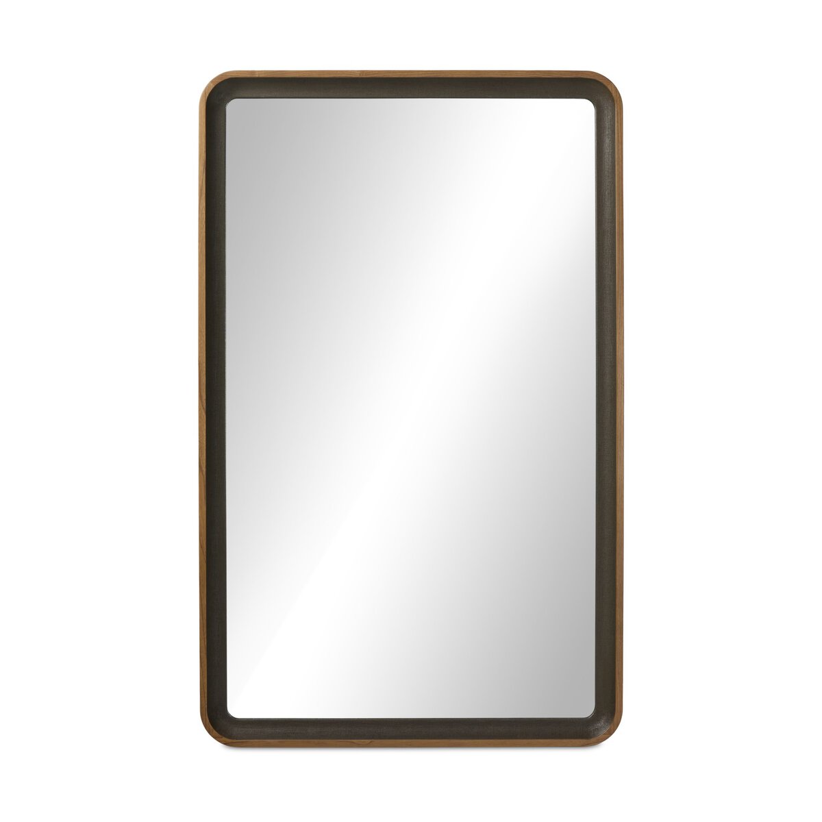 The Arno Grand Floor Mirror features a rectangular design with rounded corners and a dark wooden frame, reflecting a blank white background. Sized at 50"w x 3.5"d x 80"h, it’s ideal for large spaces.