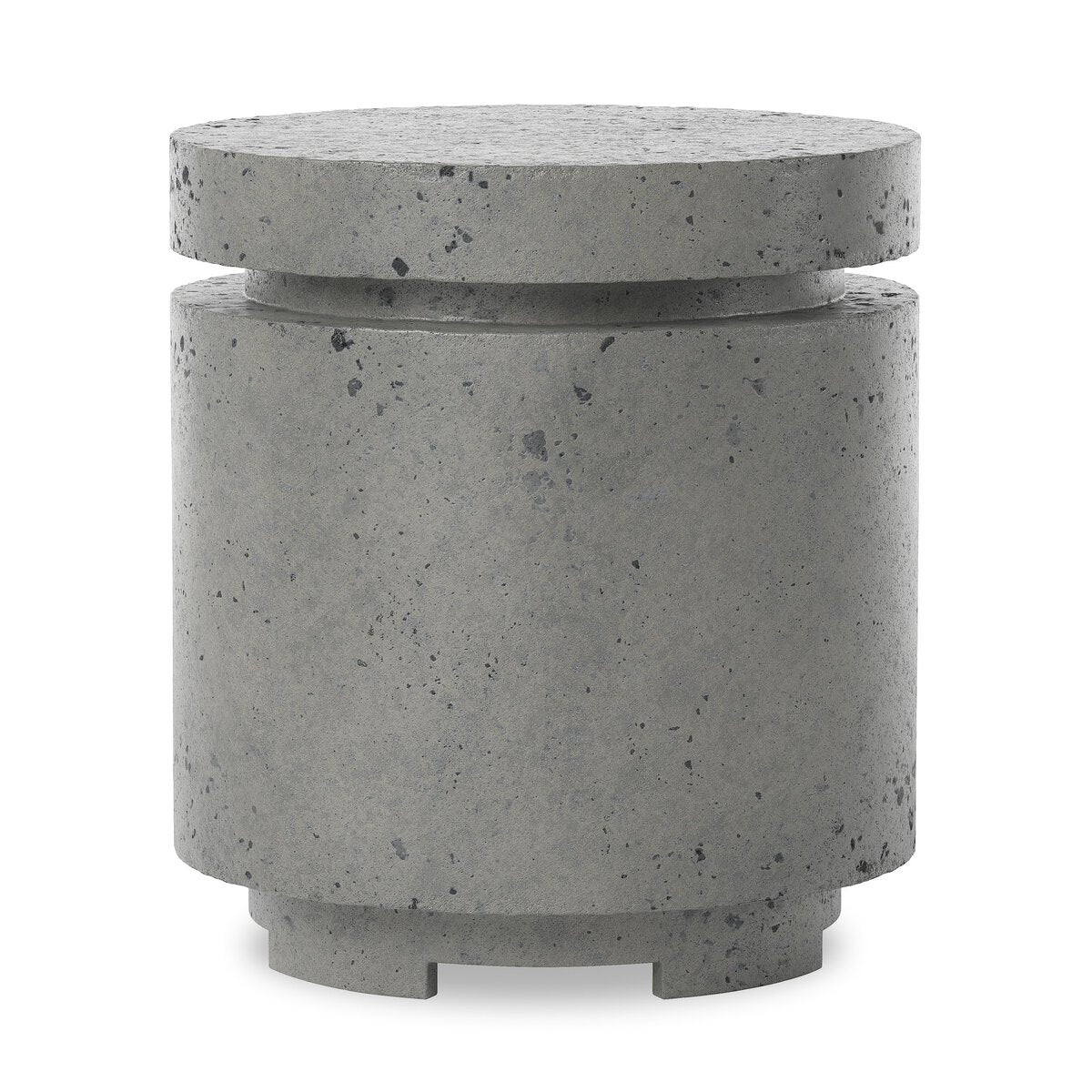 The Outdoor Round Propane Enclosure features a gray, speckled concrete finish, a cylindrical shape with a wider top and narrow groove, and sits on four short feet—ideal as an outdoor end table or fire table accessory for a modern, industrial look.