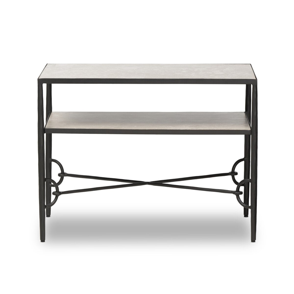 The Hammered Gunmetal Nightstand is a modern rectangular table with a dark metal frame, one open shelf below the tabletop, and decorative circular and X-shaped metal accents connecting the legs.