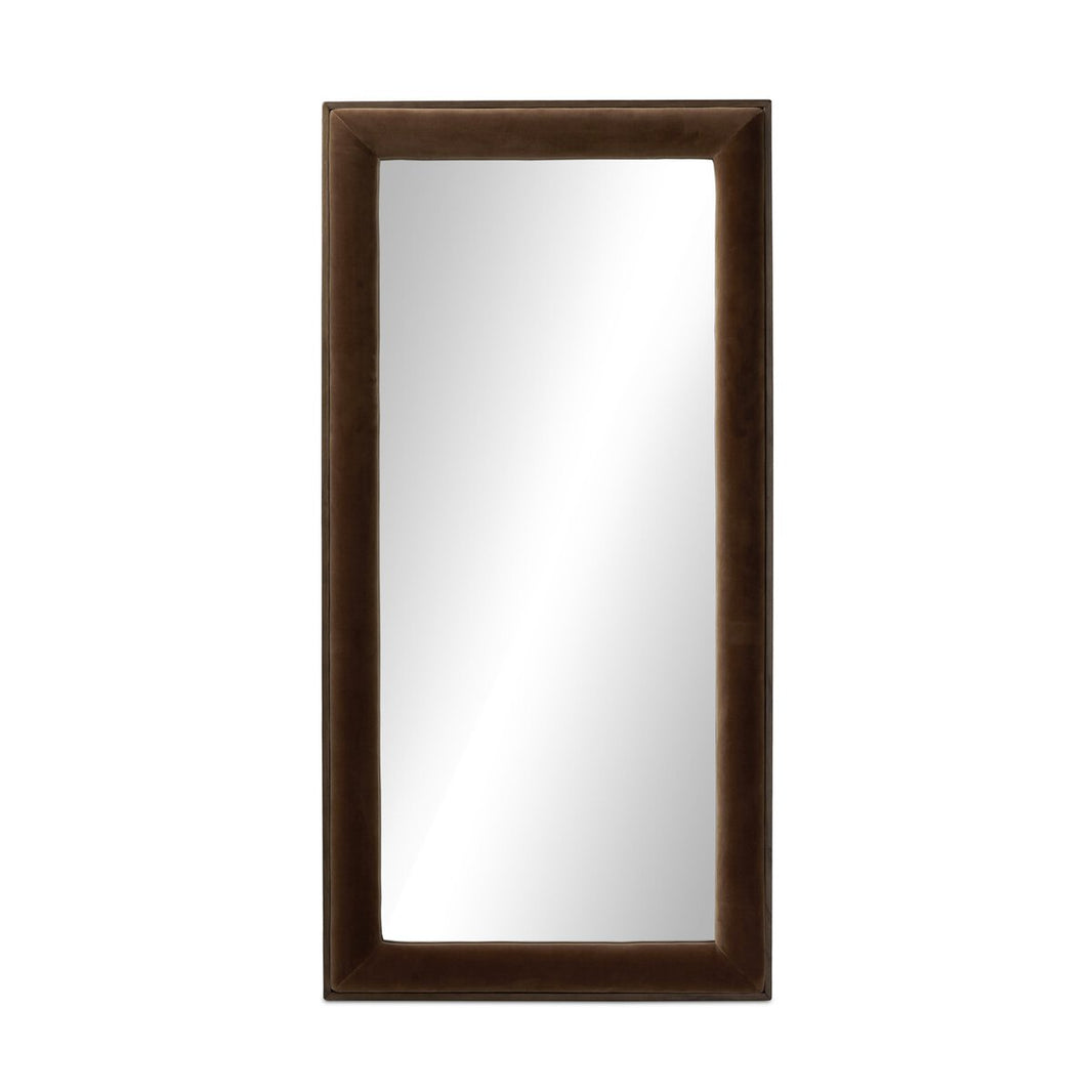 The Velaz Floor Mirror features a thick, dark brown velvet-covered rectangular frame and measures 42x80 inches. Shown against a white background.