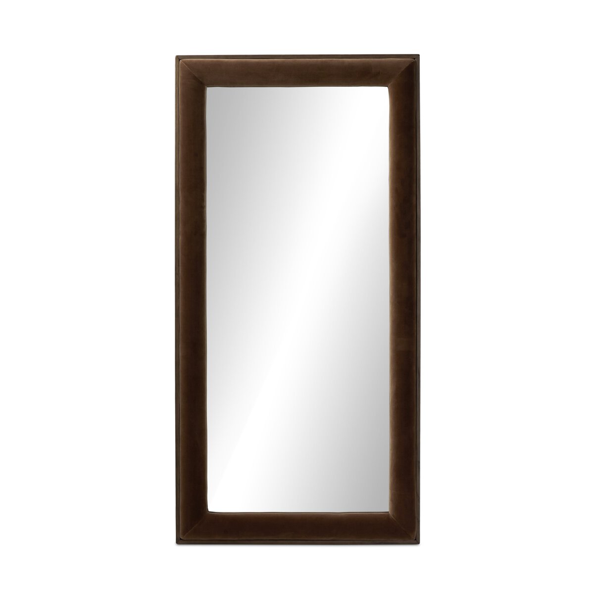 The Velaz Floor Mirror features a thick, dark brown velvet-covered rectangular frame and measures 42x80 inches. Shown against a white background.